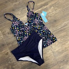 NWT Draper James RSVP V-Neck Scallop Tankini Set Floral Navy Women Small 481