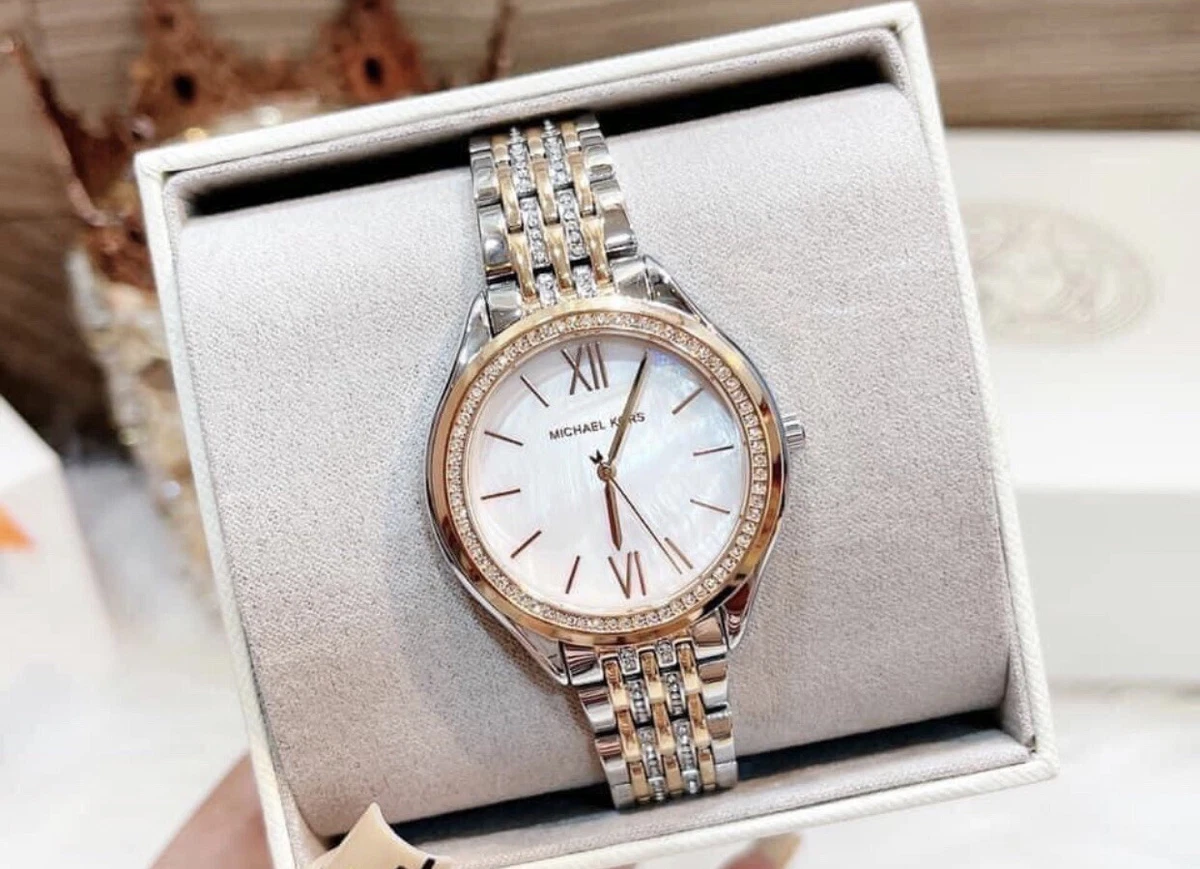 NEW AUTHENTIC MICHAEL KORS MINDY SILVER ROSE GOLD CRYSTALS WOMEN 