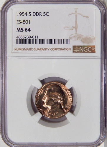 1954-S DBL DIE REV 5c NGC MS 64 FS-801 ~ LOW POP JEFFERSON NICKEL DDR VARIETY