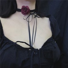 Red Rose Flower Choker Necklace Gothic Victorian Black Velvet Ribbon Chain