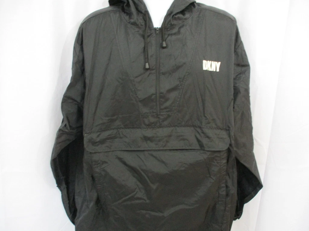 DKNY Lightweight 100% Nylon Pullover with Hood, Black, Large, Water Resistant