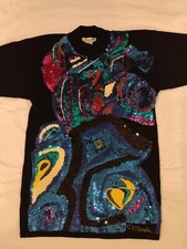 Vintage 1980s Multicolored Sequin Beaded 100 Wool Black Sweater Size M