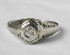 Antique 14k White Gold Art Deco Diamond Filigree Dome Engagement Promise Ring