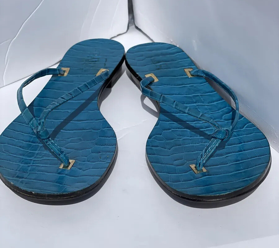 PANTOFOLA D’ORO Sandali perizoma RALPH LAUREN taglia 7 5 blu turchese coccodrillo in rilievo pelle diapositive