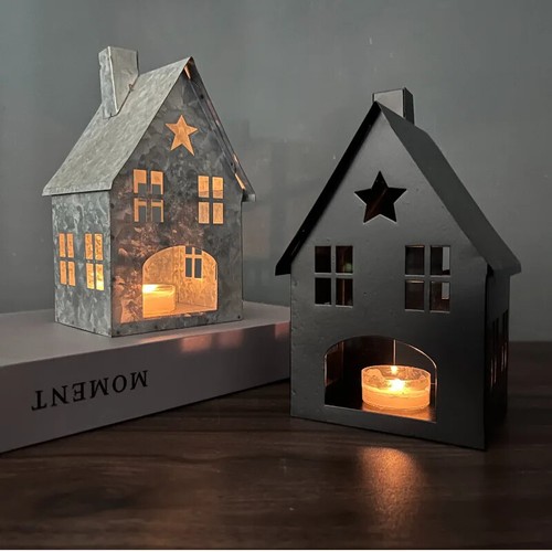 Nordic Country Farmhouse Tealight Candle Holder Metal House Lantern Home Decor - Picture 3 of 10