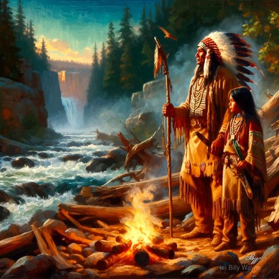 Oil Texture Native American Father and Son by stream 2