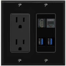 HD PHONE 2 USB-3 Port Wall Plate Black w Power Outlet