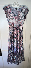 Komarov Lace Cap Sleeve Charmuese Dress  Floral Crinkle V Neck Midi Size M d628