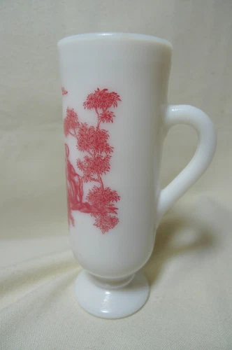Vintage AVON MILK GLASS DEMITASSE Pedestal Cup Pink Toile Country Scene ~ 5 in.