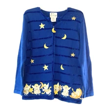 Quacker Factory Women’s Christmas Sweater S Zip Up Angels Starry Night Beads Vtg