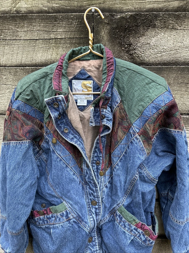 Chaqueta Bomber Denim Retro Años 80 De Colección Bordada Patchwork Bohemia Con MD Foto 2 de 4
