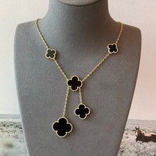 clover 6 motifs necklace 925 silver gold plated onyx