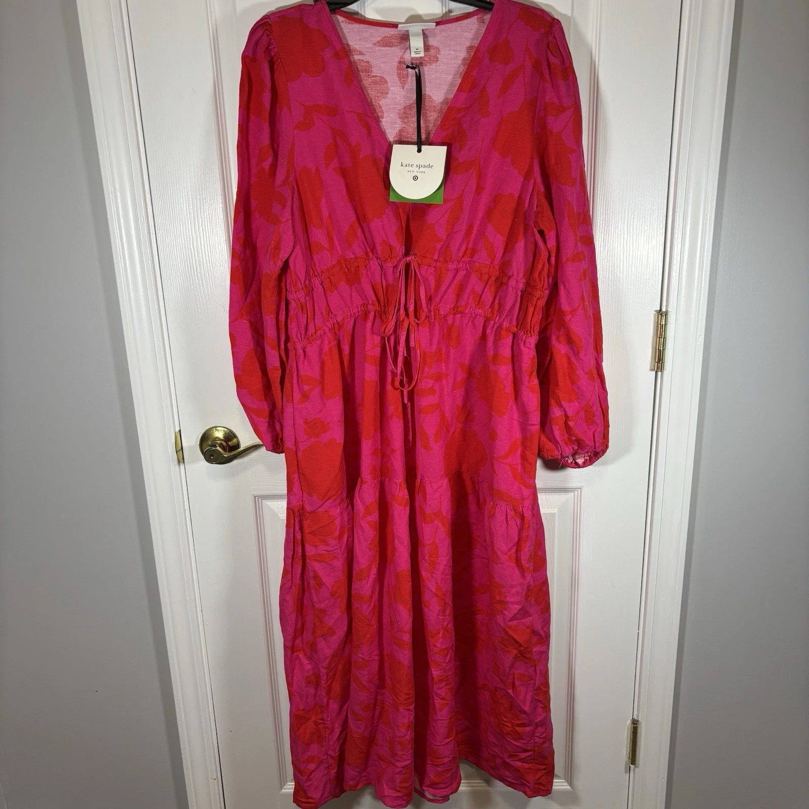 Maxi abito donna Kate Spade nuovo rosa caldo floreale misto lino manica lunga TG XL