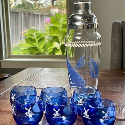Hazel Atlas Set - Sailboat Cocktail Shaker & 6 Cobalt Windmill Roly Poly Glasses