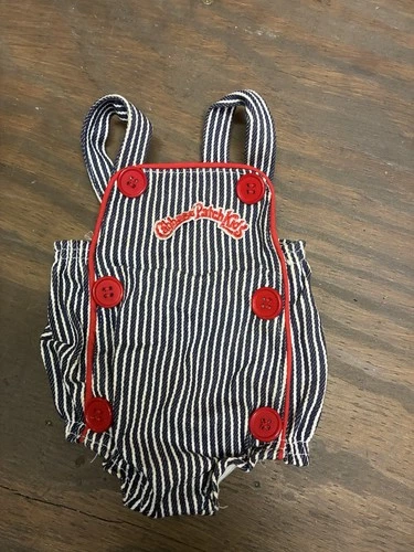 VTG. CABBAGE PATCH KIDS BLUE  WHITE STRIPED ROMPER, RED BUTTONS & TRIM RARE GC!