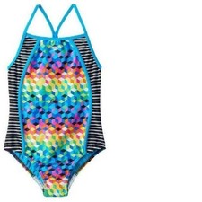 Girls Speedo Swimsuit 12 Black Blue Striped Geo 1 Pc Silicone Gripper Racerback