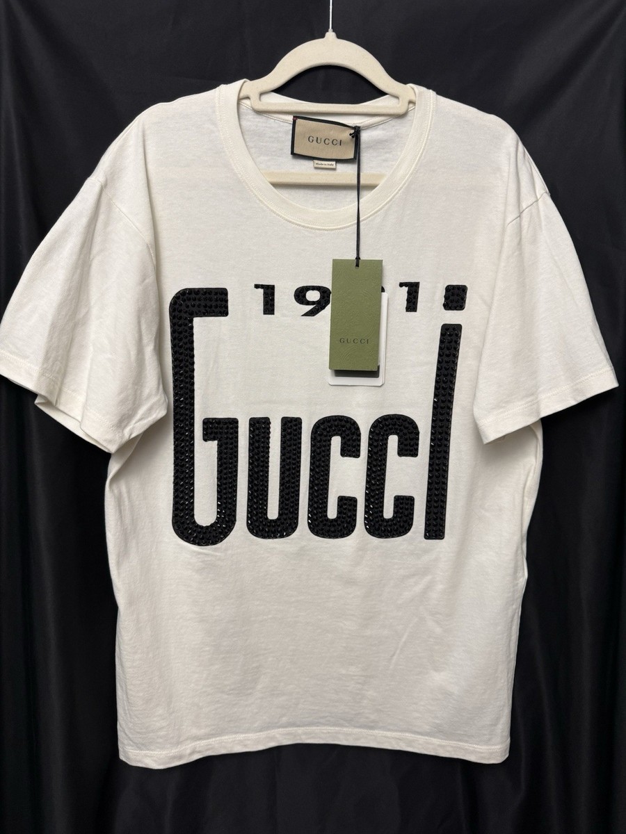 GUCCI ORIGINAL 1921 Tシャツ ホワイト/ネイビー Gucci 1921 Crystal Logo T-Shirt Women S - Ivory - New w/ Tags