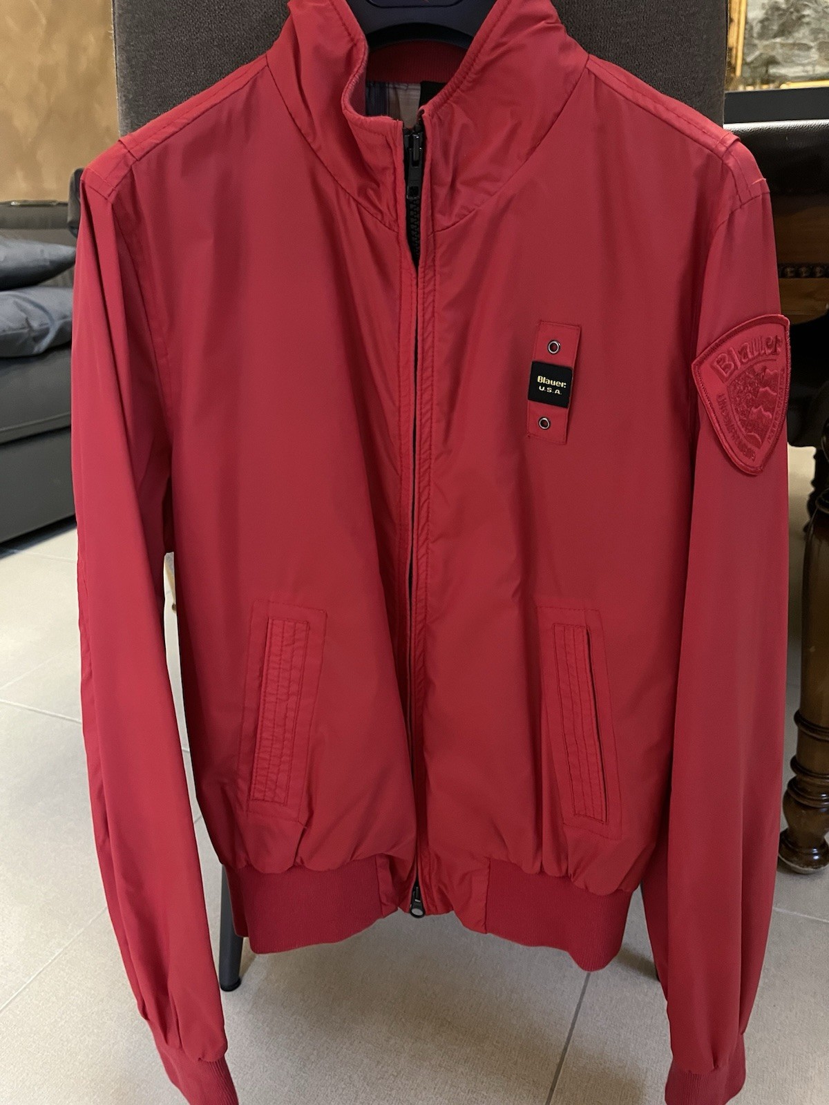 Blauer Giacca Bomber Uomo Rossa Taglia S Nylon Zip Intera con Toppe e Logo