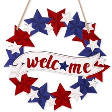 Welcome Wreath Front Door 4th July Decorations Red White Blue Star Sign