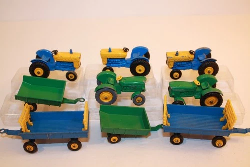9 Vintage 1960s Matchbox / Lesney Farm Tractors Equipment & Hay Tipping Trailers