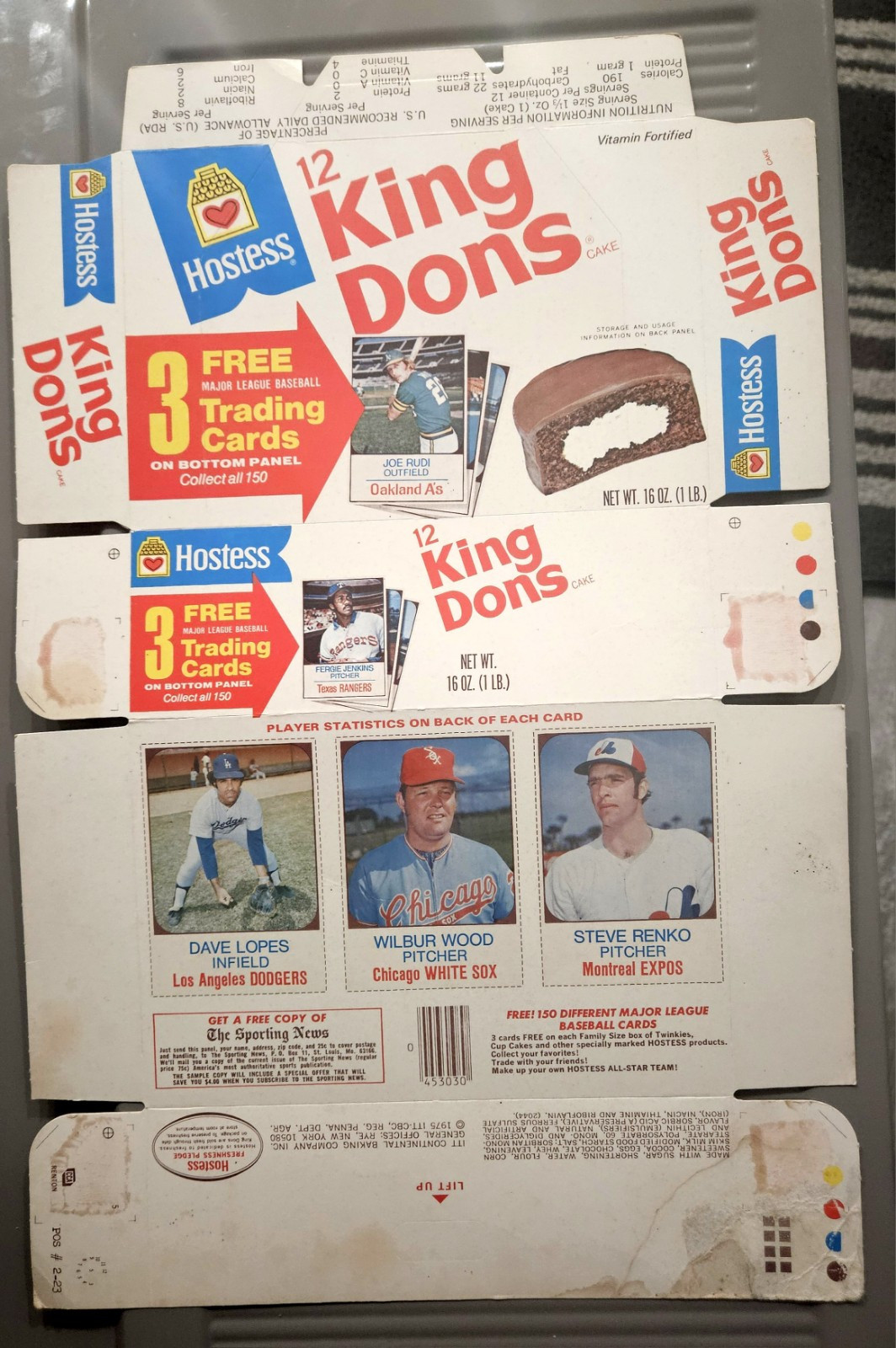 1975 Hostess King Dons Complete Box Dave Lopes / Wilbur Wood / Steve Renko MLB