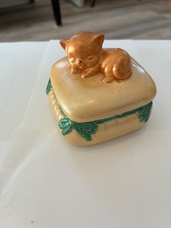 UCTCI Japan Sleeping Orange Cat on Cushion Trinket Box Vintage Bisque Porcelain
