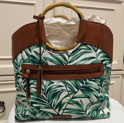 ENZO ANGIOLINI Bamboo Handle Palm Leaf Canvas Top-Handle Bag - Tropical Chic!