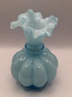 Vintage Fenton Light Blue Glass Melon Bud Vase Ruffled Edge 5”