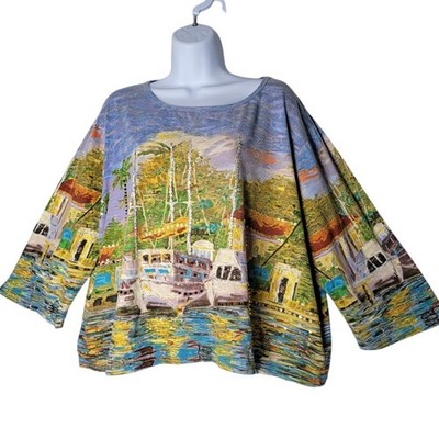 Take Two XL Sequin Art Top Scenic Boat Harbor Print Colorful Oversized Dopamine