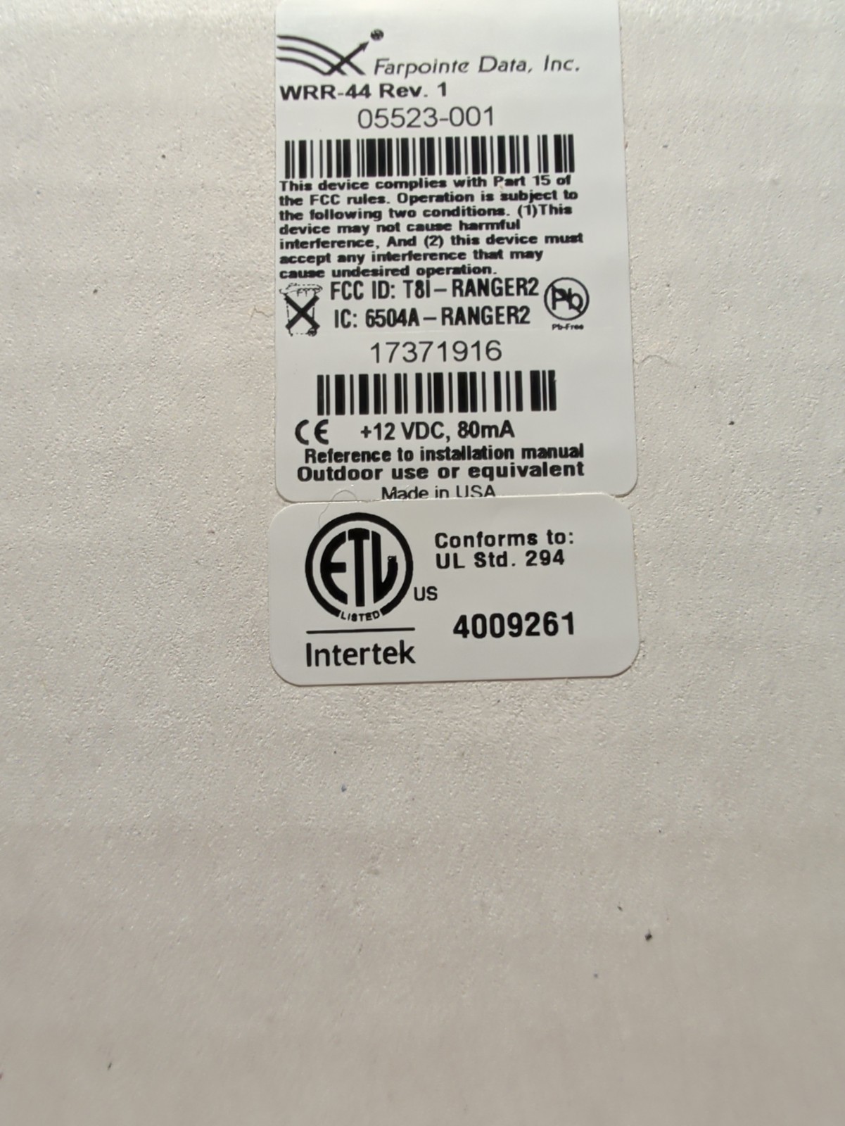 Avigilon AC-FP-REC-WRR-44 Farpointe Ranger WRR-44 4-Ch Receiver 220-0348 NIB 433