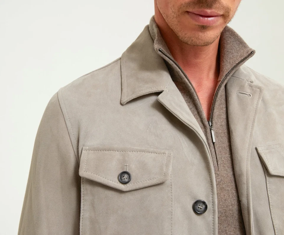 Chaqueta de cuero gris campo para hombre gamuza pura hecha a medida talla S M L XXL 3XL Foto 4 de 4