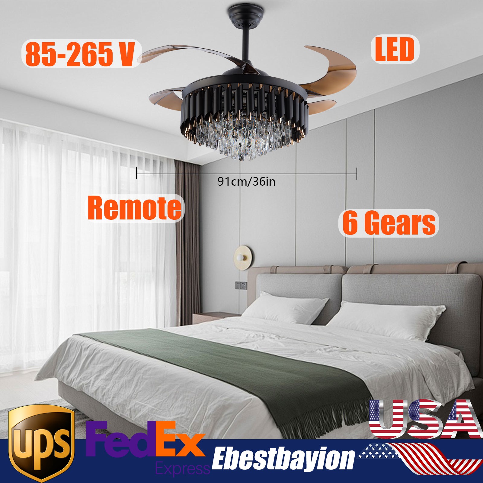 LED Ceiling Fan with Remote Control Crystal Chandelier Light for Bedroom
