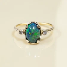 Natural Multi Fire Black Opal & Diamond Stacking Band Ring, 9k Gold Handmade New