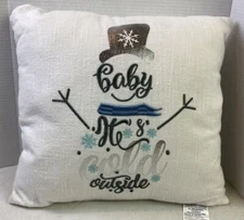 White Winter Throw Pillow "Baby It's Cold Outside" 18x18 Embroidered Snowman