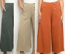  Wide Leg Cropped Capri Gaucho Pants w/ Pockets Offset Button