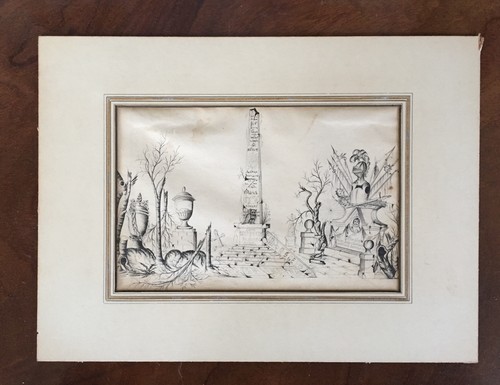 Antique German 19th c. Memento Mori Pen & Ink Drawing Mourning Obelisk Cemetery - Picture 4 of 9