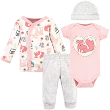 Hudson Baby Infant Girl Preemie Layette Set 4-Piece, Pink Fox, Preemie