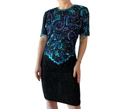 Vintage 1980s Laurence Kazar Silk Blue Beaded Sequin Embroidered Evening Dress M