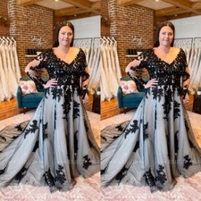 Plus Size Gothic Black Wedding Dress Long Sleeve V Neck Sweep Train Bridal Gowns