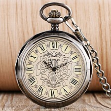Gunmetal Open Face Roman Dial Pocket Watch Hand Wind with Chain Men's Gift