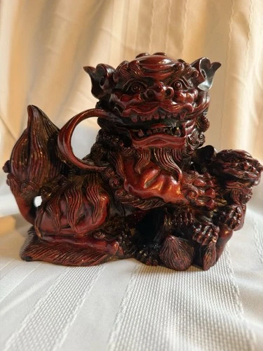 Vintage Large Asian Chinese Foo Dog Lion W/ Young Cinnabar Red Resin 9”