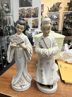Vintage Geo Lefton 1956 Pair Of Gold And White Geisha And Male Figurines 9.5