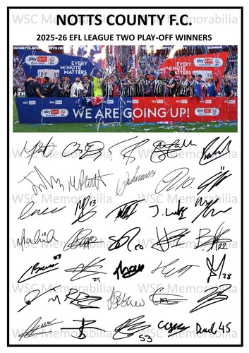 12641. 2025-26 Notts County Signed Team Photo Sheet (PRINTED AUTOGRAPH - A4)
