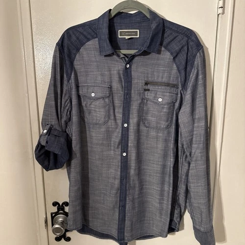 Young Men's Large Macys INC Chambray Two-Tone Blue Long Sleeve Button Down Shirt
