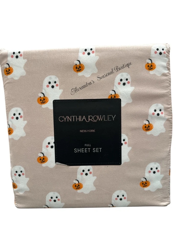 NUEVO Juego de sábanas Cynthia Rowley Halloween rosa tamaño completo 4 piezas cestas de calabaza fantasma Foto 2 de 4