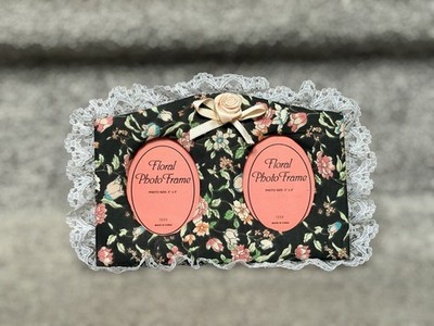 Vintage 90s Floral Cottagecore Double Photo Frame Lace Trim Romantic Decor