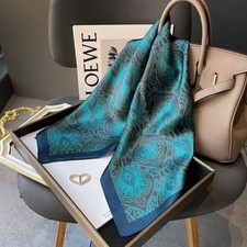100 Mulberry Silk 27" Square Scarf Women Neckerchief Wrap Black Blue Paisley