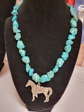Equestrian Western Horse Silvertone Pendant Turquoise Nugget Necklace Cowgirl