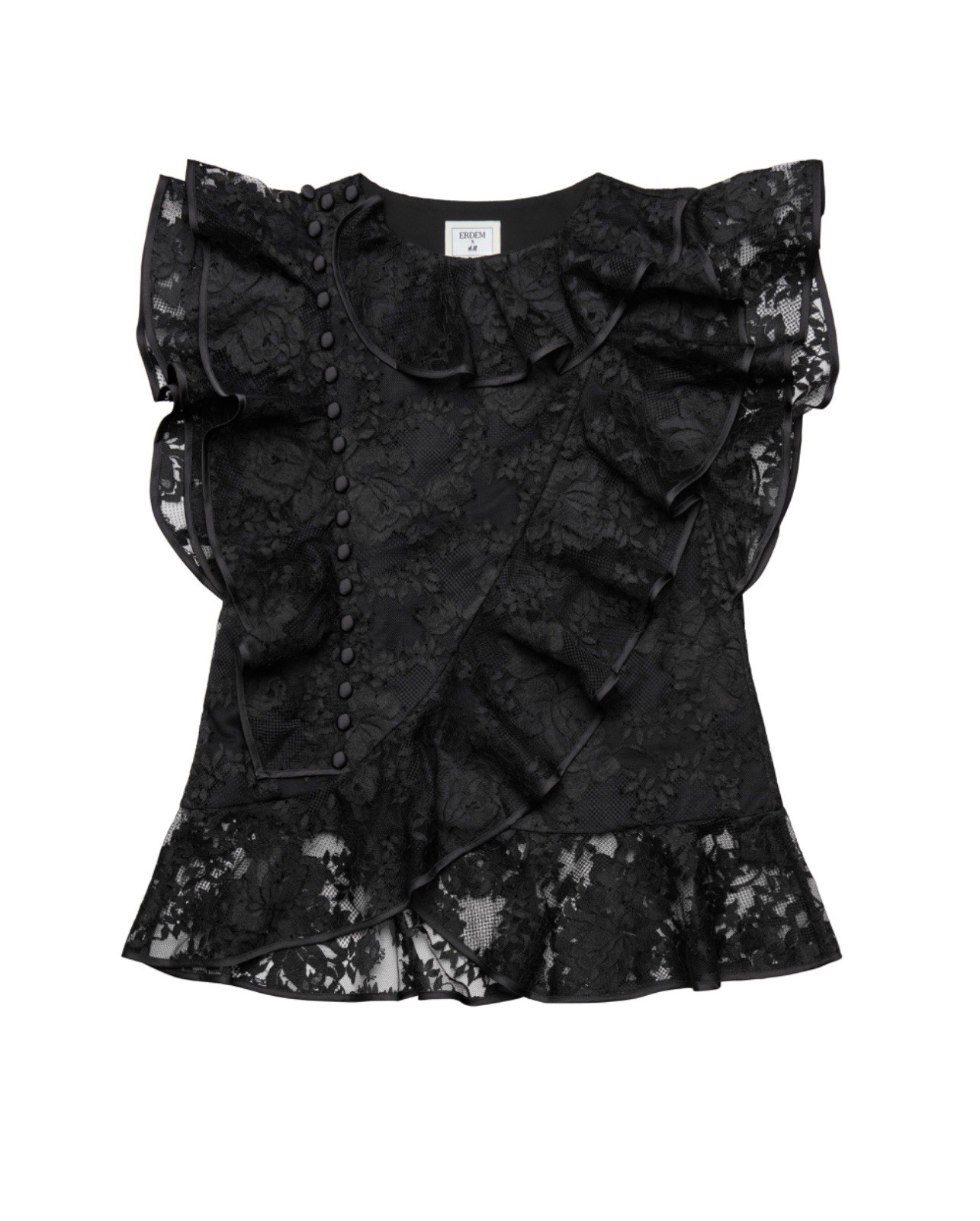 ERDEM x H&M LACE Ruffle Top with Flounces Black Floral Blouse XS
