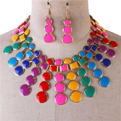Multi Color Epoxy Coating Gradual drops Cleopatra Style Neckless earring  Set